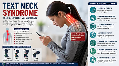 A female looking in her phone with neck bending forward
