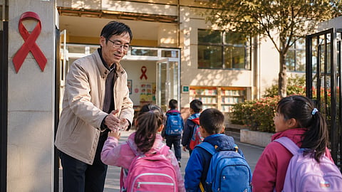 Guo Xiaoping welcomes children at Red Ribbon Primary School in Linfen, Shanxi, symbolizing education, HIV awareness, and hope.