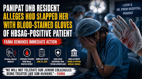 A doctor sitting with her face in her hand and looking distressed with a blood stained hand next to her and text.