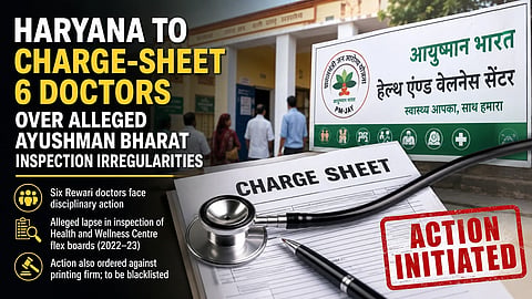 A poster with charge sheet, stethoscope and ayushman bharat board in hindi.