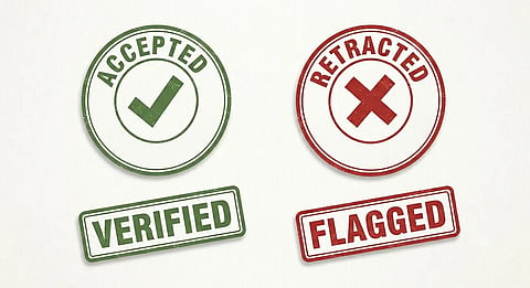 A collection of green and red editorial rubber stamps on a white paper background showing peer-review statuses including "Accepted for Publication," "Verified & Validated," "Work Withdrawn," and "Under Consideration."