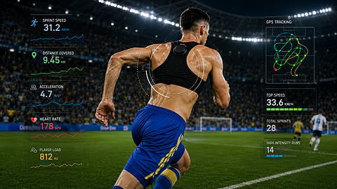 Rear-view of a professional football player sprinting during a FIFA World Cup match while wearing a black GPS tracking vest with a GPS pod positioned between the shoulder blades.