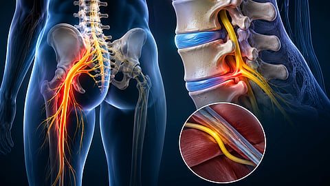 Sciatica describes a collection of symptoms caused by irritation of the lumbosacral nerve roots or by compression of the sciatic nerve along its course.