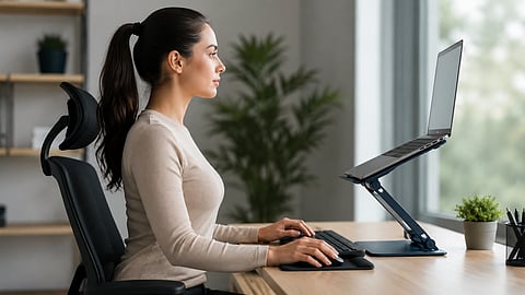 Using a laptop stand with an external keyboard helps maintain proper neck alignment, supports healthy shoulder posture.