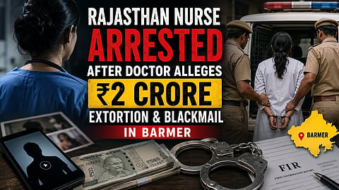 A representational image with nurse, money, police, handcuffs and text.