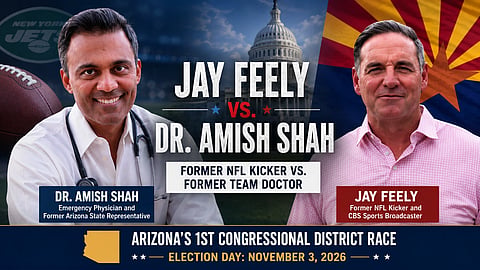 Dr. Amish and Jay Feely one side each wth texts and white house behind.