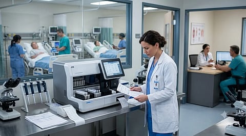 A doctor in a lab coat reviewing lab analyzer results in a clinical laboratory, with a hospital ward visible through a glass partition in the background