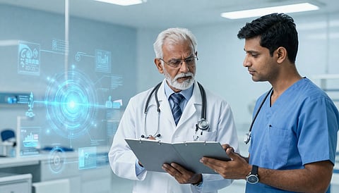A senior doctor reviewing a patient chart with a junior colleague in a clinic setting
