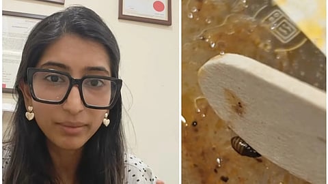 Dr. Srushti Bukane with the alleged dead cockroach she said she found in chole ordered from Zepto Cafe.