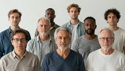 A photorealistic editorial composition showing diverse adult men of different ages.