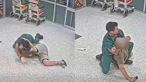A nurse and a patient in a fighting position.