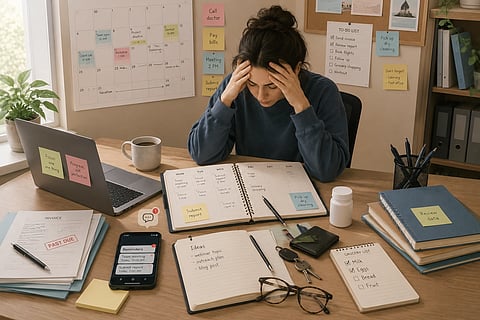 Girl sitting on her study desk holding her head, with her laptop open, diary open, a long to-do list, an open file having some bills that are due, and a cup of coffee on the side.