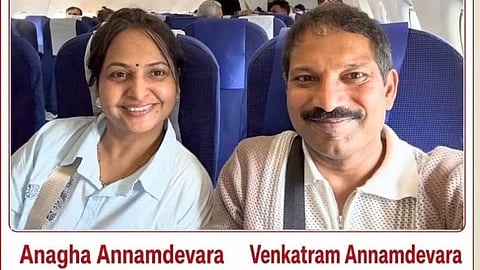 Poster of Tanvi's parents with names and sitting on blue flight seats.