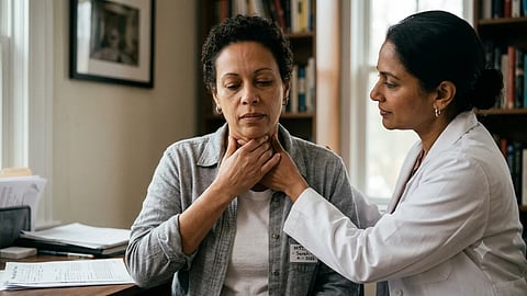 Doctor checking a woman suffering from medullary thyroid cancer