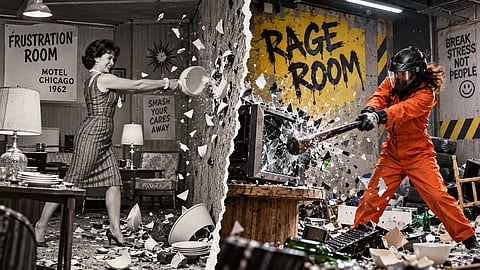 1962 Chicago Frustration Room contrasted with a modern rage room.