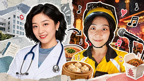 Liu Zihan in a doctor's uniform and a delivery person's uniform.
