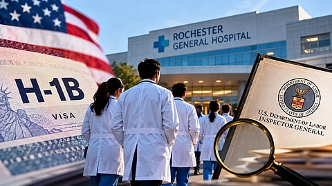 An illustration of H-1B visa and doctors standing outside Rochester General Hospital.