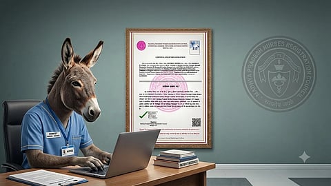 Donkey wearing a nurse's uniform