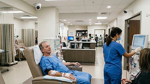 The image shows a patient undergoing medical treatment in a clinic ward where surveillance cameras have been installed.