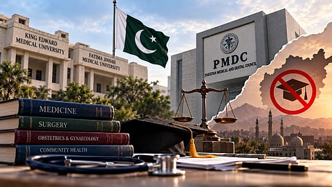 An illustration of 2 colleges in Pakistan with medical books and flag.