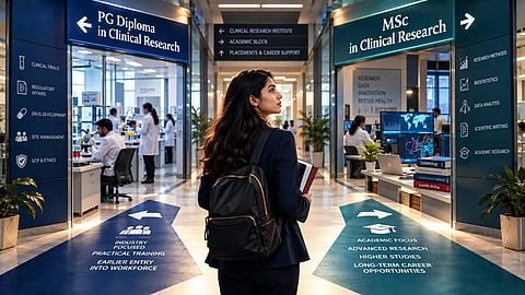 Young Indian life sciences graduate standing at a dramatic fork in a modern university and clinical research institute corridor, facing two distinct pathways