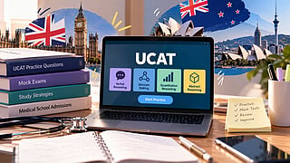 An illustration of laptop screen with UCAT text and books around, with UK and Australia background,