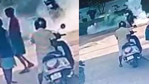 പെട്രോൾ അടിച്ച ശേഷം സ്റ്റാർട്ടാക്കിയ ബൈക്കിന് തീപിടിച്ചു; ദുരന്തം ഒഴിവായത് ജീവനക്കാരന്റെ ഇടപെടലിൽ