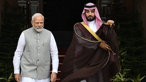Prime Minister Narendra Modi with Saudi Arabian crown prince Salman in New Delhi on Monday.