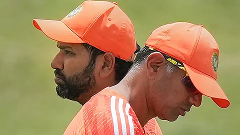 Indian captain Rohit Sharma and coach Rahul Dravid during a training session ahead of the first test against South Africa.