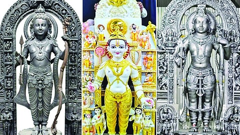 രാമക്ഷേത്രത്തിലേക്ക് നിർമിച്ച മൂന്നു വിഗ്രഹങ്ങൾ. ഇതിൽ ആദ്യത്തേതാണ് ഗർഭഗൃഹത്തിൽ പ്രതിഷ്ഠിച്ചത്.