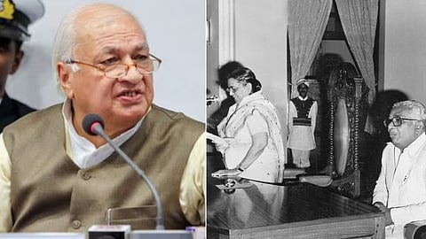 gov of kerala jyothi venkatachalam (right) delivers her speech being watched by vakkom purushothaman, speaker of kerala assembly (1982)