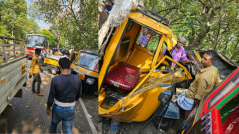 ഇരുമലപ്പടിയിൽ നിയന്ത്രണം വിട്ട ഗുഡ്സ് ഓട്ടോ, പാർക്ക് ചെയ്തിരുന്ന പാസഞ്ചർ ഓട്ടോറിക്ഷകളിലിടിച്ച് അപകടം