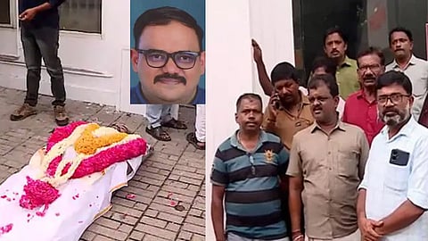 protest infront of air india office with dead body of nambi rajesh