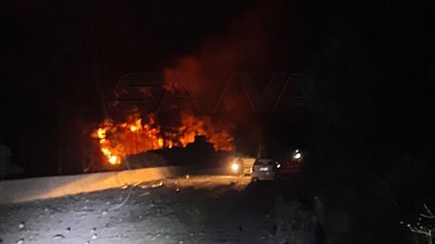 A fire sparked by an alleged Israeli strike in the Masyaf area of central Syria, late September8