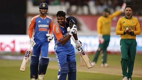 Sanju Samson celebrates his 2nd T20 century
