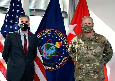 Brett Holmgren (L), as State Department intelligence chief in 2021 duriing the Covid epidemic, with Lt. Gen Scott Berrirer, then-head of the DIA (Twitter)