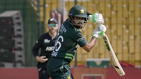 Pakistan batter Babar Azam plays a shot against New Zealand