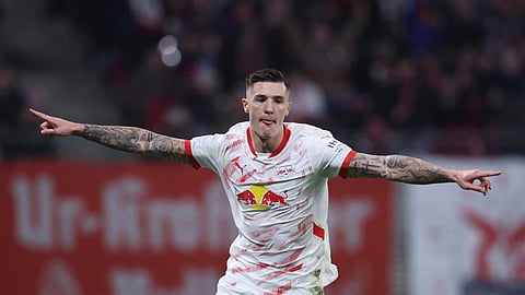 Benjamin Sesko celebrates his goal in German Cup football semi final