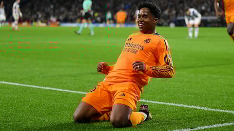 Brazilian teenage sensation Endrick celebrates his goal against Real Sociedad for Real Madrid