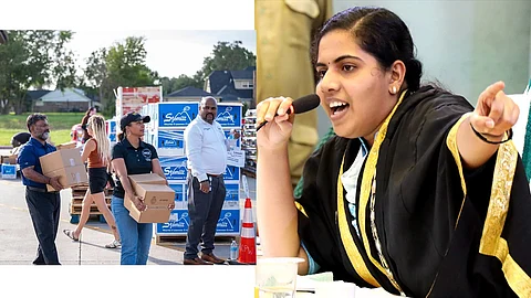 Left: Mayor Robin serves with Missouri City volunteers during Hurricane
Right: Arya tears up garbage disposal workers by not allowing them to eat Onam Sadhya