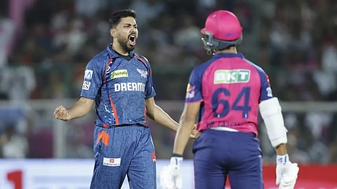Lucknow Super Giants fast bowler Avesh Khan celebrates after getting the wicket of Rajasthan Royals opener Yashasvi Jaiswal