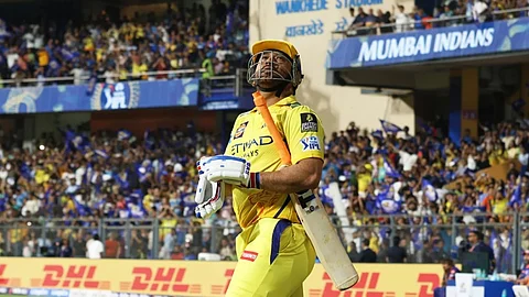 CSK captain MS Dhoni walks into bat against Mumbai Indians in IPL 2025