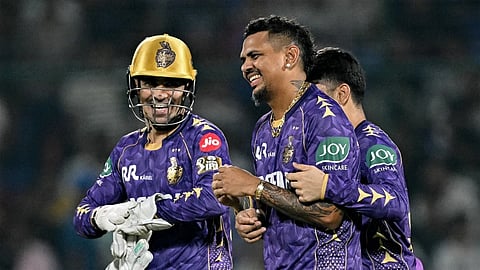 KKR players Rhmanulla Gurbaz, Sunil Naraine during the IPL match against Delhi Capitals