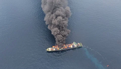 Firefighting operations begin on Singapore cargo ship that caught fire in the Arabian Sea