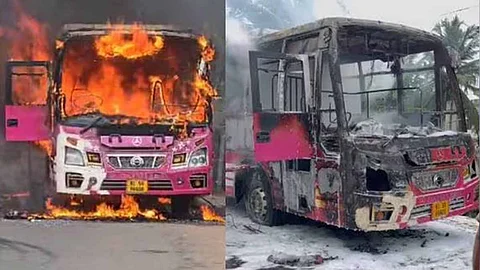 A private bus running in Kondotti was completely destroyed by fire