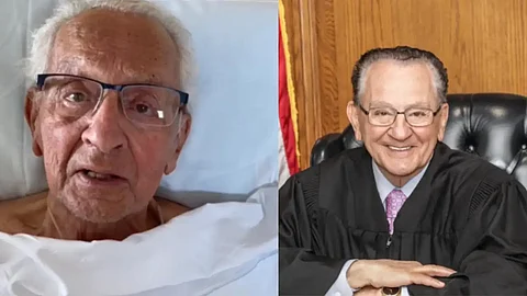 Left - Judge Frank Caprio moments before his death, right - him in court