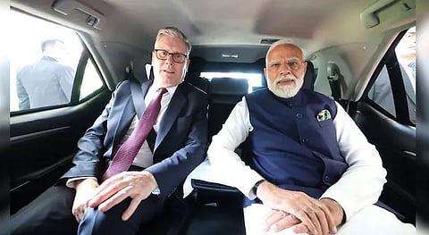 A picture of Prime Minister Narendra Modi's friendly visit with UK Prime Minister Keir Starmer.