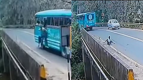 Conductor falls from bus while turning a bend