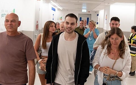 Alon Ohel at the hospital following his release from captivity on October 13, 2025.