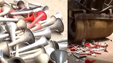 Ministerial order; MVD destroys air horns by loading them onto road rolls